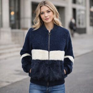 SAGE Collective Faux Fur Jacket Colorblock Navy White Zip Front L
